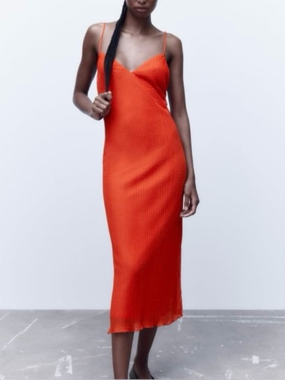 ZARA Orange Pleated Ribbed Midi Dress Size S NWT